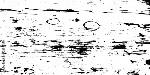 Black and white distressed horizontal wood grain texture vector Grunge overlay element with scratches and ink splatters