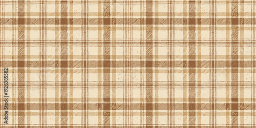 A close-up view of a woven fabric with a classic brown and beige plaid pattern Vector