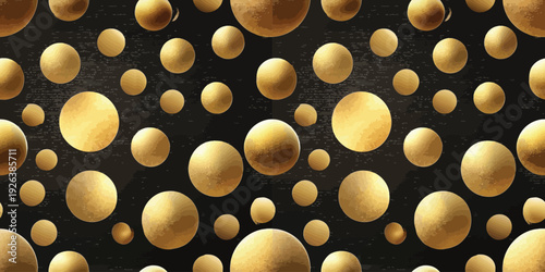 A close-up view of an array of golden spherical objects in a dark gradient background Vector