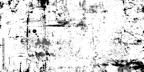 Abstract black and white grunge texture overlay with distressed grain and halftone dots vector background