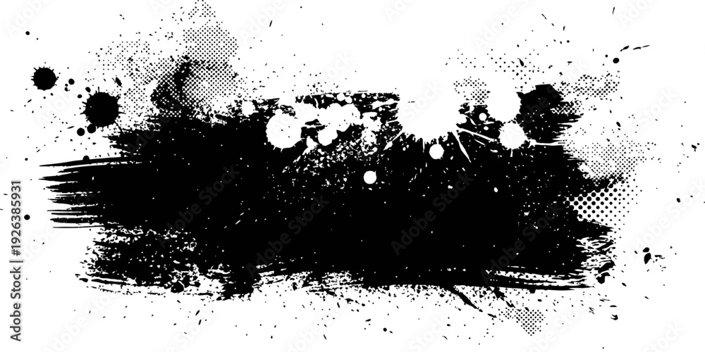 Fototapeta premium Grunge brush stroke banner background with ink splatter and halftone texture in black and white