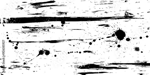 Black ink grunge texture overlay with distressed brush strokes and paint splatters background vector