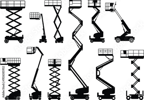 Silhouette collection aerial work platforms scissor lifts boom lifts telescopic mast elevated construction machinery industrial access equipment safety operators variety