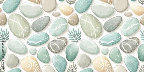 A collection of smooth seashells and pebbles arranged in a natural pattern. Vector