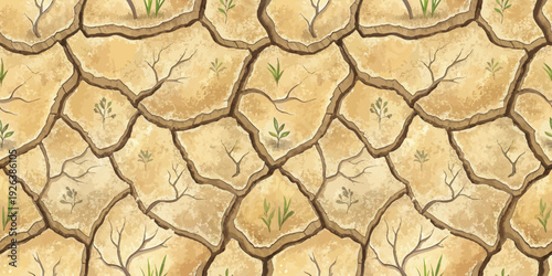 A cracked dry earth surface with sparse green shoots emerging from the ground Vector