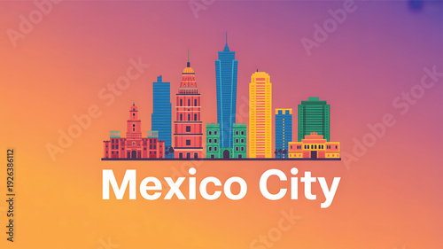 Vibrant Mexico City skyline with colorful buildings at sunset