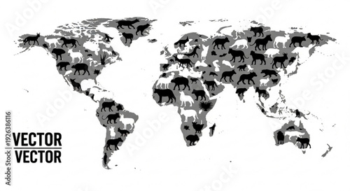 World map with animal silhouettes on gray continents