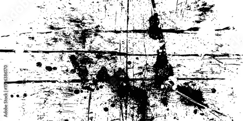 Black Grunge Texture Overlay Distressed Wood Planks with Paint Splatter and Ink Spots High Contrast Vector Background