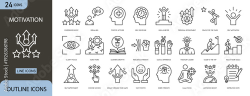 Motivation icon set representing inspiration, goal setting, achievement, success mindset, leadership, encouragement, ambition, growth and personal development concepts in clean outline vector style.