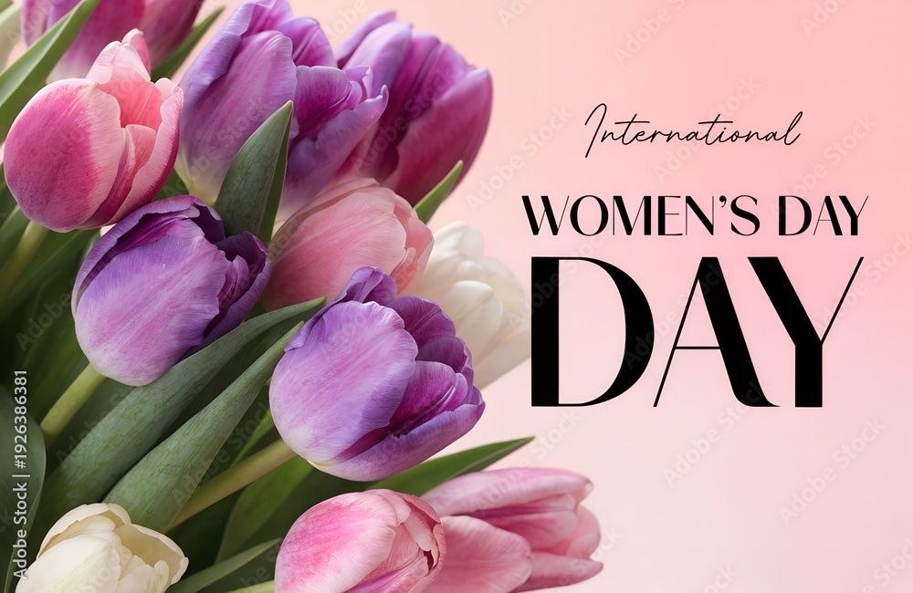 Obraz premium International Women's Day 2026, March 8 Tulip Bouquet Womens Day, Happy International Womens Day 2026 Tulips, IWD 2026 Purple Pink Tulip Celebration, 8 March International Women's Day Flowers Greeting