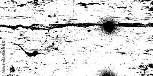Black and white distressed wood grain texture background with horizontal crack and ink splatter grunge effect
