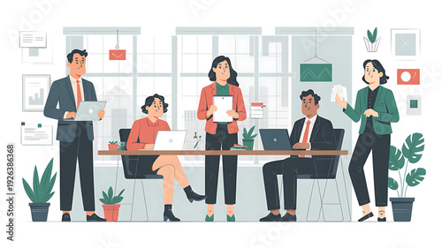 Diverse team collaborating in modern office space with laptops and documents