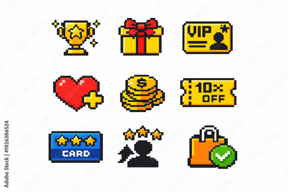 Naklejka premium Pixel art icons: trophies, gifts, tickets, hearts, coins, cards, ratings
