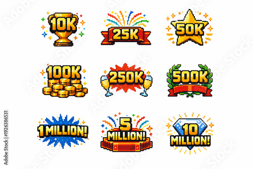Pixel art achievement icons: celebratory milestones in retro style