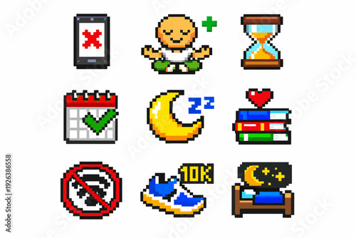 Pixel art: healthy habits and lifestyle icons set for wellness motivation
