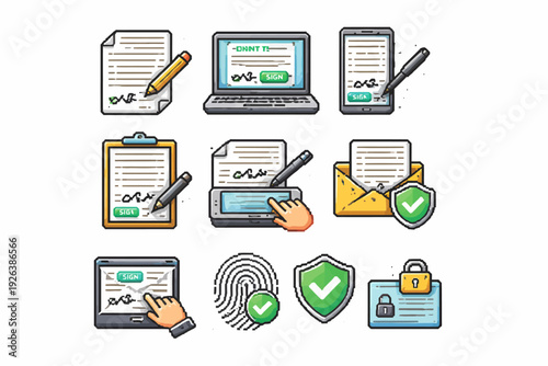 Digital signature icons set: documents, devices, and security elements