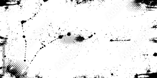 Vector Grunge Distress Frame and Ink Splatter Texture with Halftone Dots Black and White Abstract Background