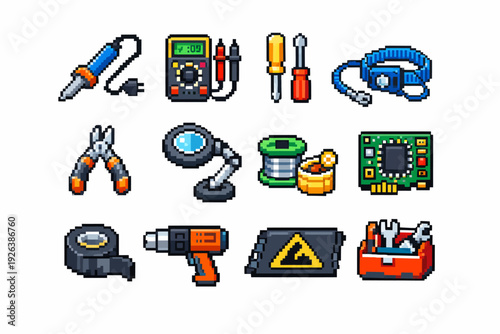 Pixel art electronics tools collection with soldering iron, wire, multimeter, magnifying glass