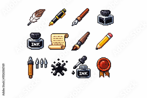 Pixel art writing tools: quills, ink bottles, pens, brushes, certificate, pencil, scroll