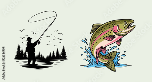 Fishing Rod Silhouette and Jumping Trout Vector Illustration – Angler Outdoor Sport Design