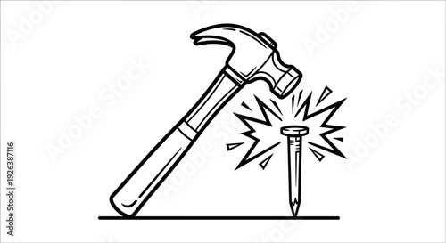 Hammer and Nail Icon Vector – Construction Tool Illustration for Repair and Carpentry