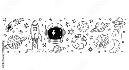 Science and Space Doodle Vector Banner – Hand Drawn Astronomy and Laboratory Icons Illustration