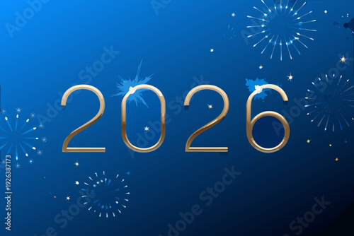 Celebratory image featuring golden 2026 with fireworks and sparkling stars