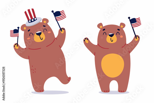 Two cartoon bears celebrate with american flags and patriotic uncle sam hat