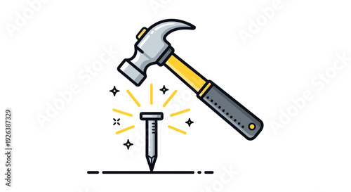 Hammer and Nail Icon Vector – Construction Tool Illustration for Repair and Carpentry