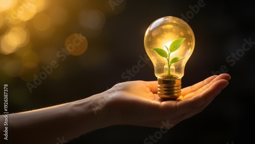Hand holding light bulb with growing plant