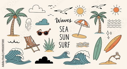 Summer Beach Vacation Doodle Vector Set – Sea, Surf, Palm Trees and Travel Icons Collection