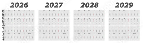 Modern calendar template collection for 2026–2029 years. Clean minimal layout with week starting Monday.