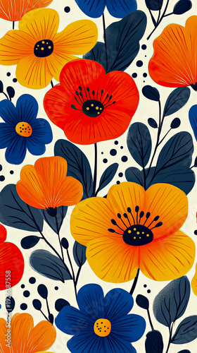 Vibrant Modern Abstract Floral Seamless Pattern with Bold Red, Yellow, Orange, and Blue Blooms and Stylized Dark Navy Leaves on Crisp Off-White Background