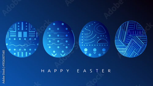 Abstract blue easter eggs with unique patterned designs and text