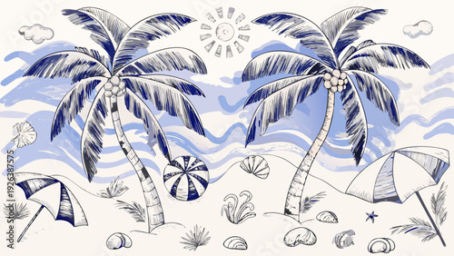 A serene beach illustration featuring palm trees sun and seaside objects