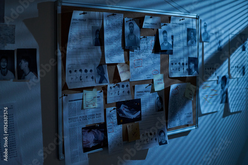 Tableau sur toile Corkboard covered with criminal profiles, mugshots, fingerprints, handwritten no
