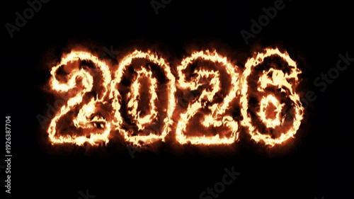 Happy New Year 2026, Fire Flame Burning Text on Black Background