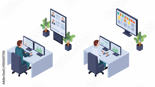 Isometric illustration of modern office spaces with employees and technology