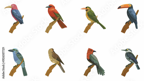 Illustration of diverse tropical birds perched on branches