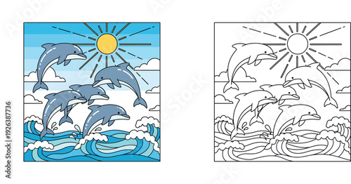 Dolphins jumping over ocean waves under the sun coloring book page vector illustration. Colored and black and white outline versions.