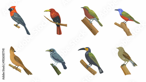 A collection of vibrantly colored tropical birds perched on branches