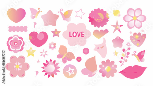 A collection of pink and red illustrated shapes and symbols of love