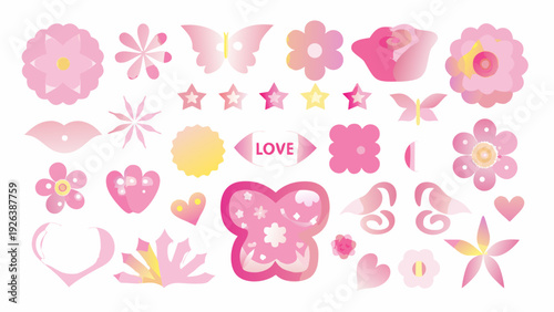 A collection of pink floral designs butterflies and love themed elements