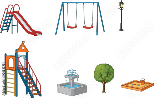 Isometric, playground, equipment, collection, slide, swings, sandbox, fountain, tree, lamp, park, outdoor, recreation, children, illustration, vector, isolated, leisure, design, set
