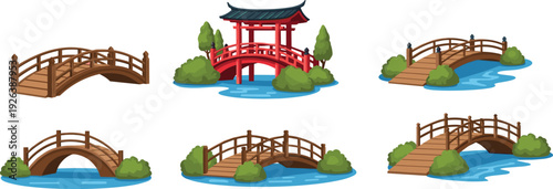 Isometric, bridge, collection, wooden, japanese, garden, water, park, landscape, architecture, oriental, decorative, nature, outdoor, illustration, vector, isolated, design, scenic, set