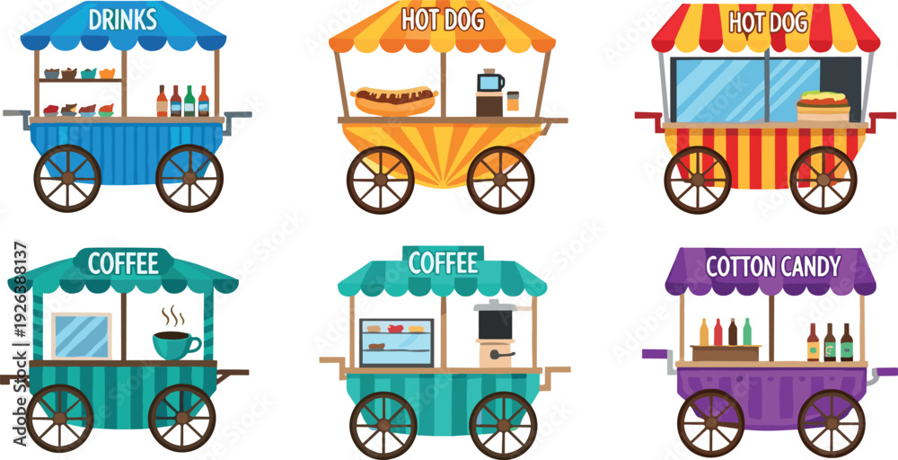 Naklejka premium Colorful, street, food, carts, coffee, drinks, hotdog, cotton, candy, vendor, market, kiosk, snack, festival, urban, illustration, collection, isolated, retail, design