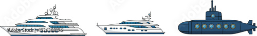 Luxury yacht and submarine illustration set, modern marine vessels collection, nautical transportation vector art isolated on white background