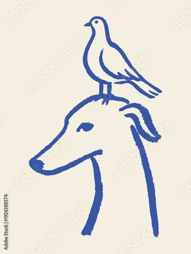 Dog with bird naive sketch vector illustration
