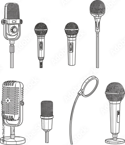 Microphone collection illustration set, vintage and modern studio mics, audio recording equipment vector, broadcast podcast sound technology bundle