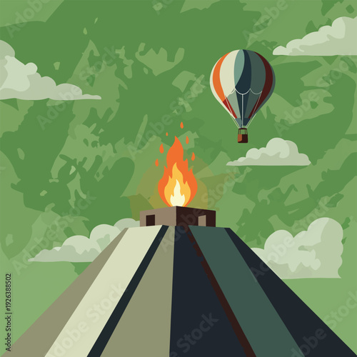 Hot Air Balloon Over Pyramid Temple